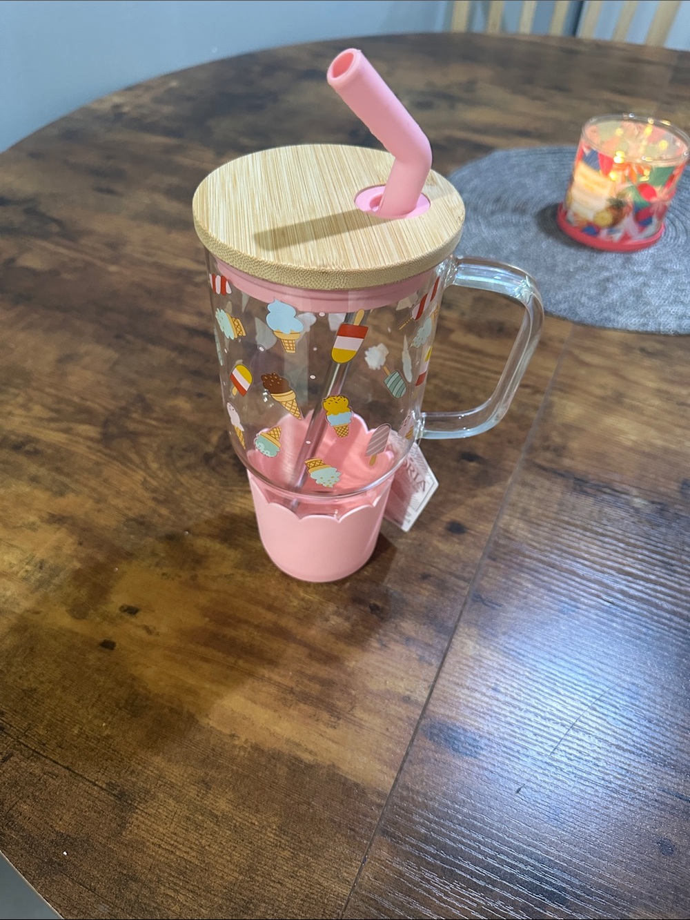 Adriana New York Pink Ice Cream Print Glass Mason Mug with Bamboo Lid & Straw